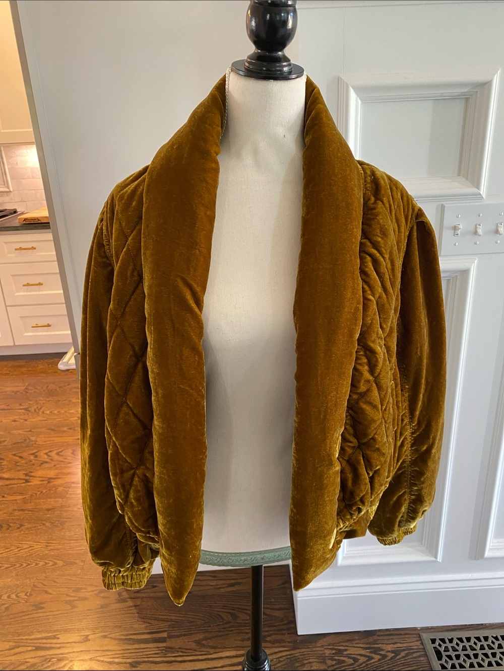 Free People Quilted Velvet Shawl Collar Puffer in Olive